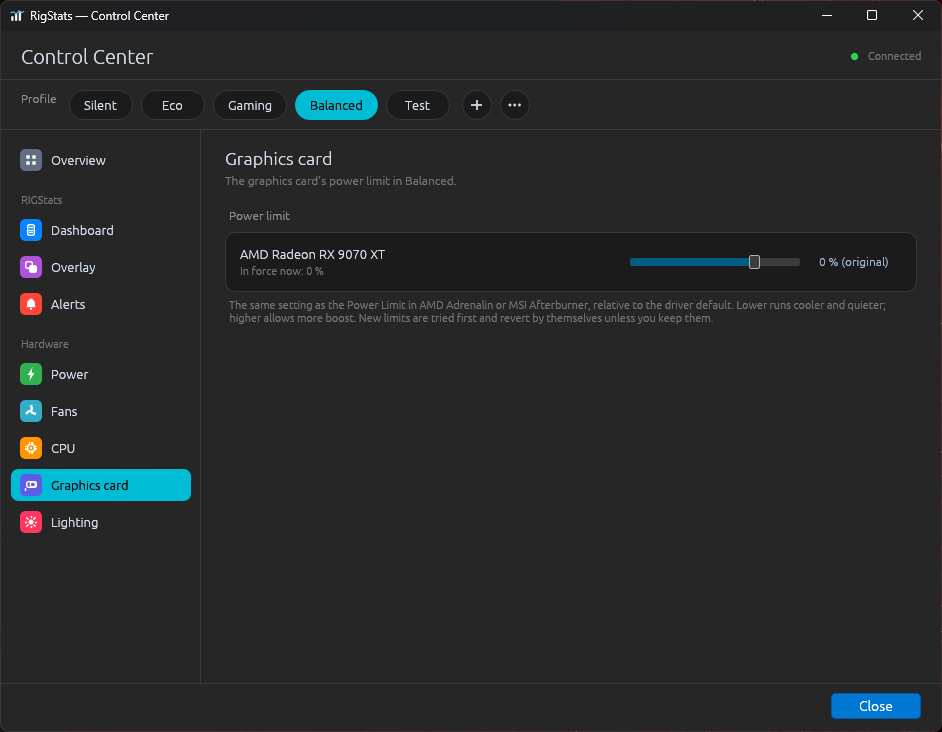 Control Center, GPU tab: the AMD Radeon RX 9070 XT power limit slider at -15 %, an Original button, and the limit currently in force