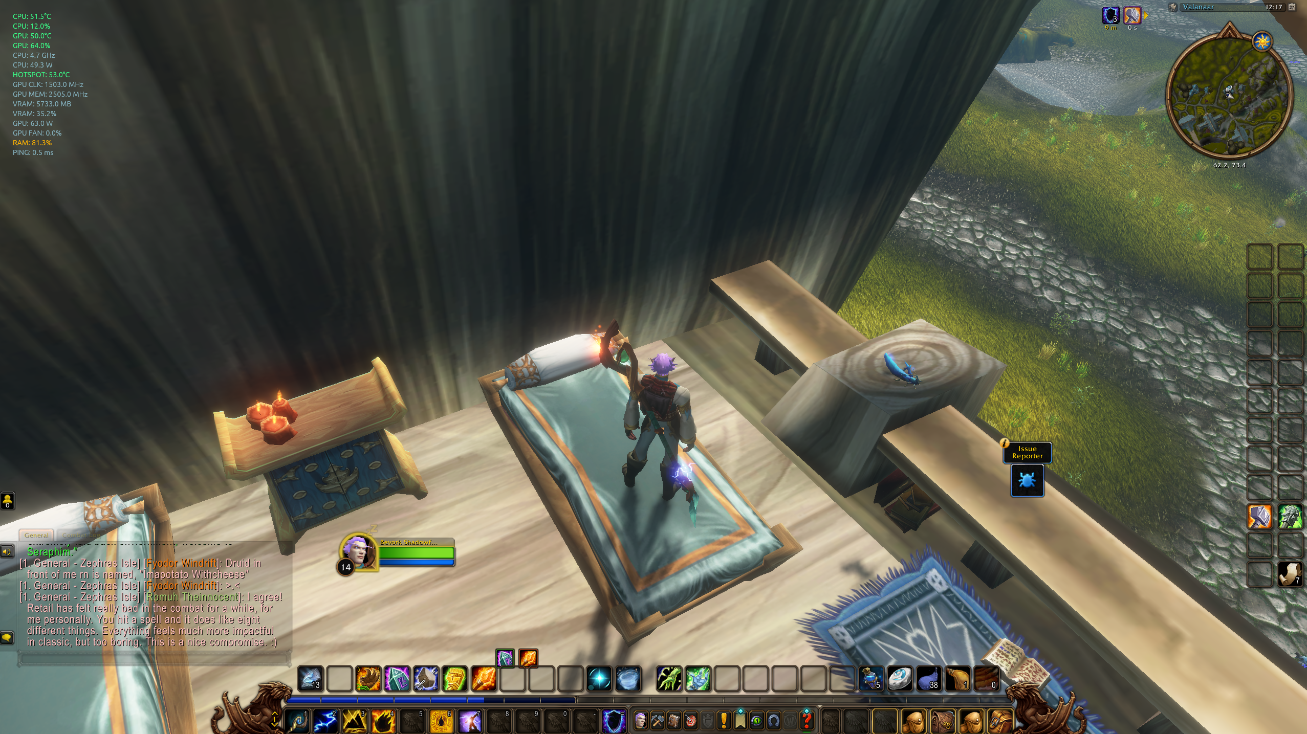 RIGStats compact overlay strip in the top-left corner while playing a game, showing CPU and GPU temperature, load, clocks, power, VRAM, RAM usage, and ping