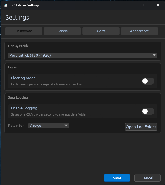 Settings — Dashboard tab