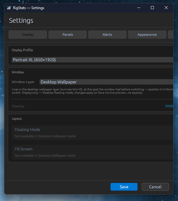 Settings — Display tab