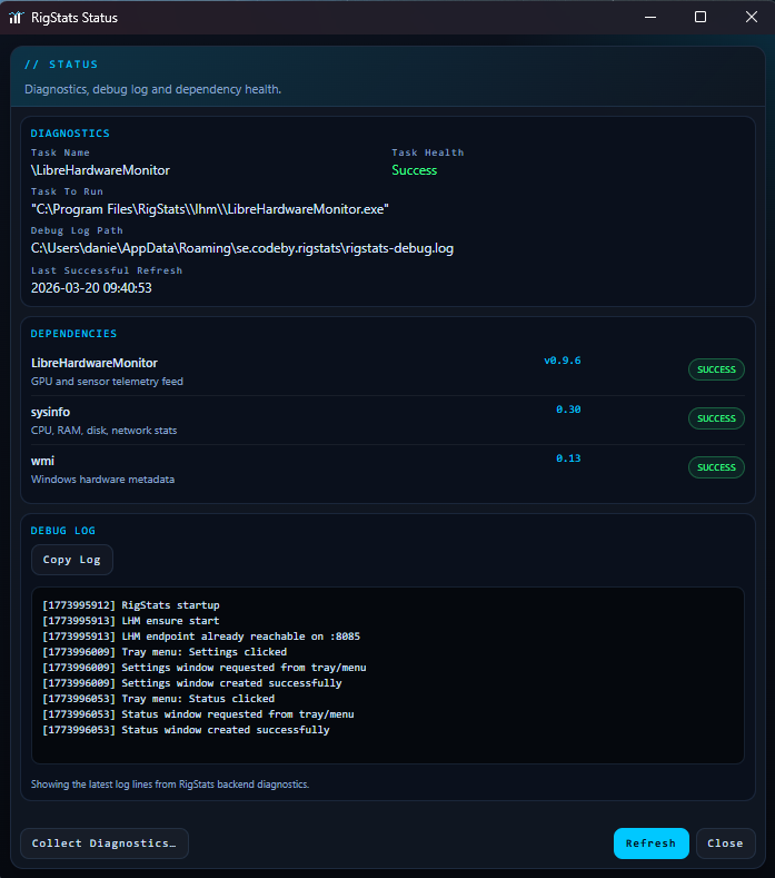 Status dialog screenshot