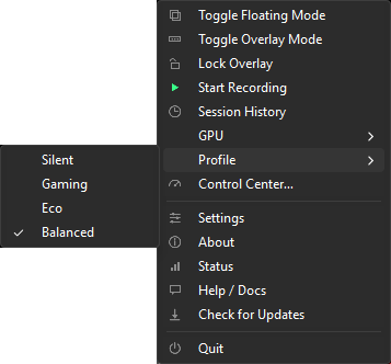 Tray menu with the Profile submenu open, listing Silent, Gaming, Eco and Balanced with a check on the active profile