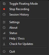RIGStats tray menu while a session is recording — a red dot icon next to Stop Recording, with procedurally-drawn icons on every row