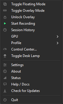 RIGStats tray menu showing Toggle Floating Mode, Toggle Overlay Mode, Unlock Overlay, Start Recording, Session History, the GPU and Profile submenus, Control Center and Toggle Desk Lamp, and app rows, each with a procedurally-drawn icon