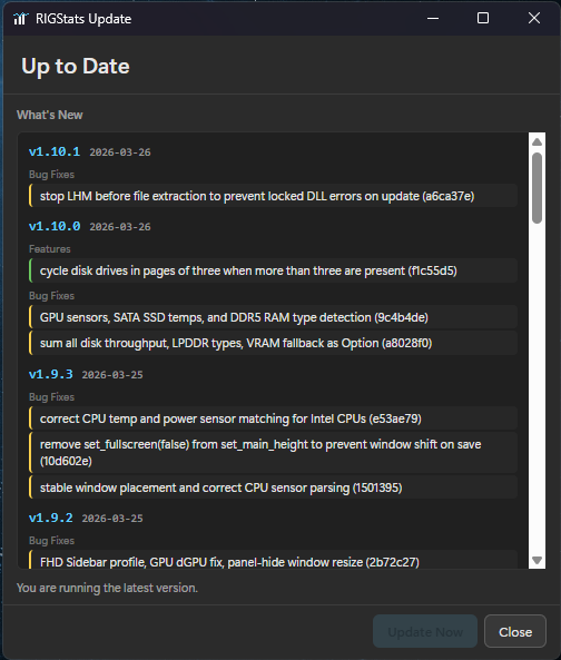 Updates & Changelog dialog screenshot